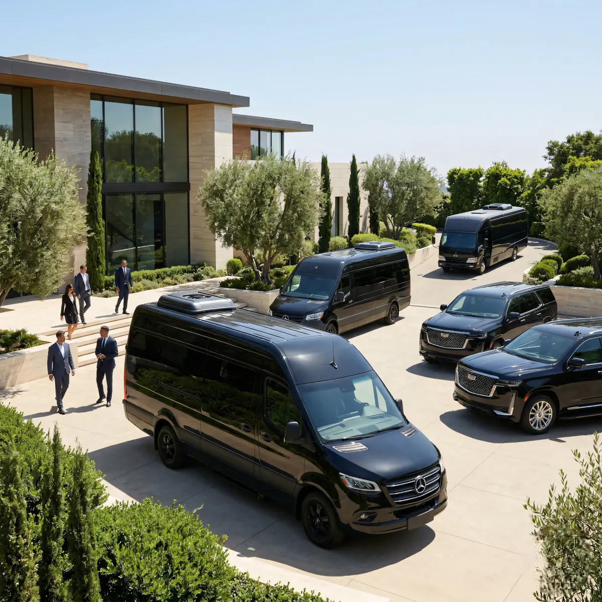 Mercedes Sprinter vans, Cadillac Escalades, and a luxury coach staged at a modern estate for a coordinated group arrival